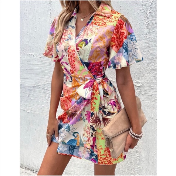 Boho Floral Tropical Butterfly Wrap Mini Dress - Picture 5 of 12
